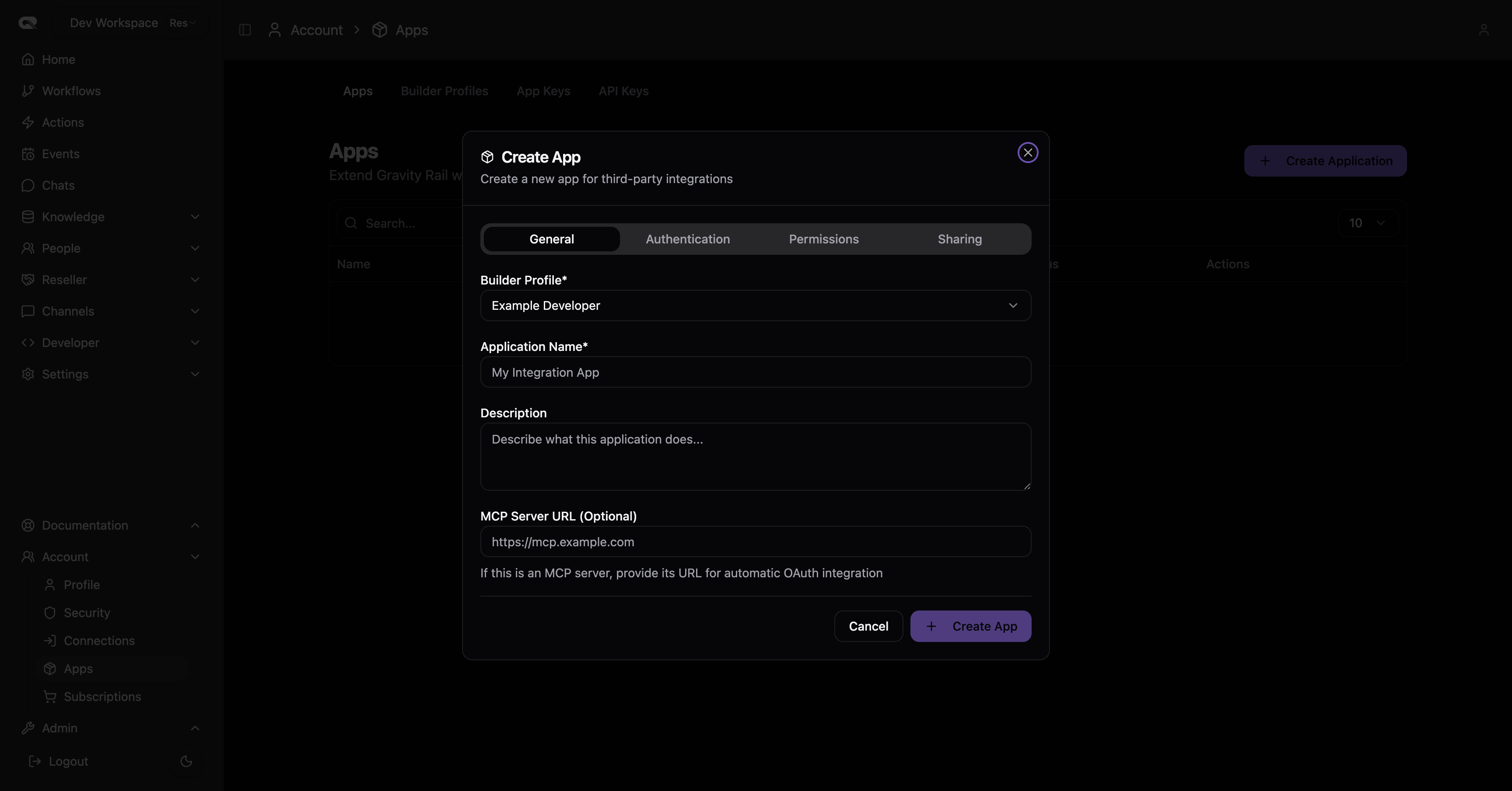 Create App - General Tab