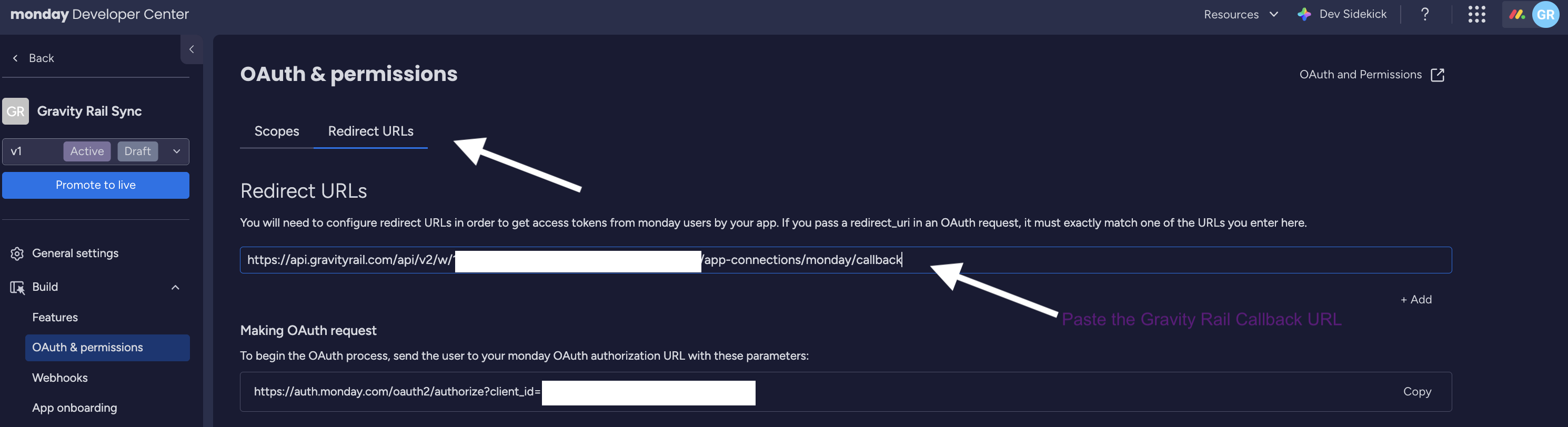 The OAuth &amp; Permissions page showing the Redirect URLs tab with the callback URL added