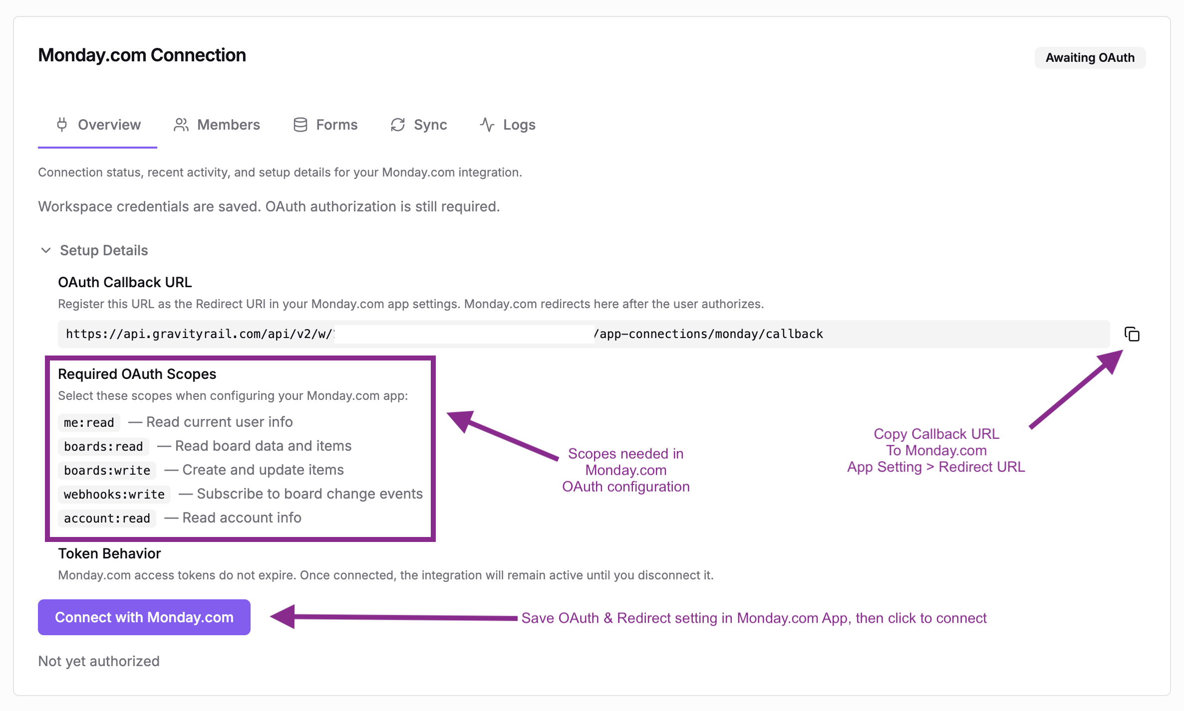 The guided setup showing the OAuth Callback URL, required scopes, and the setup steps